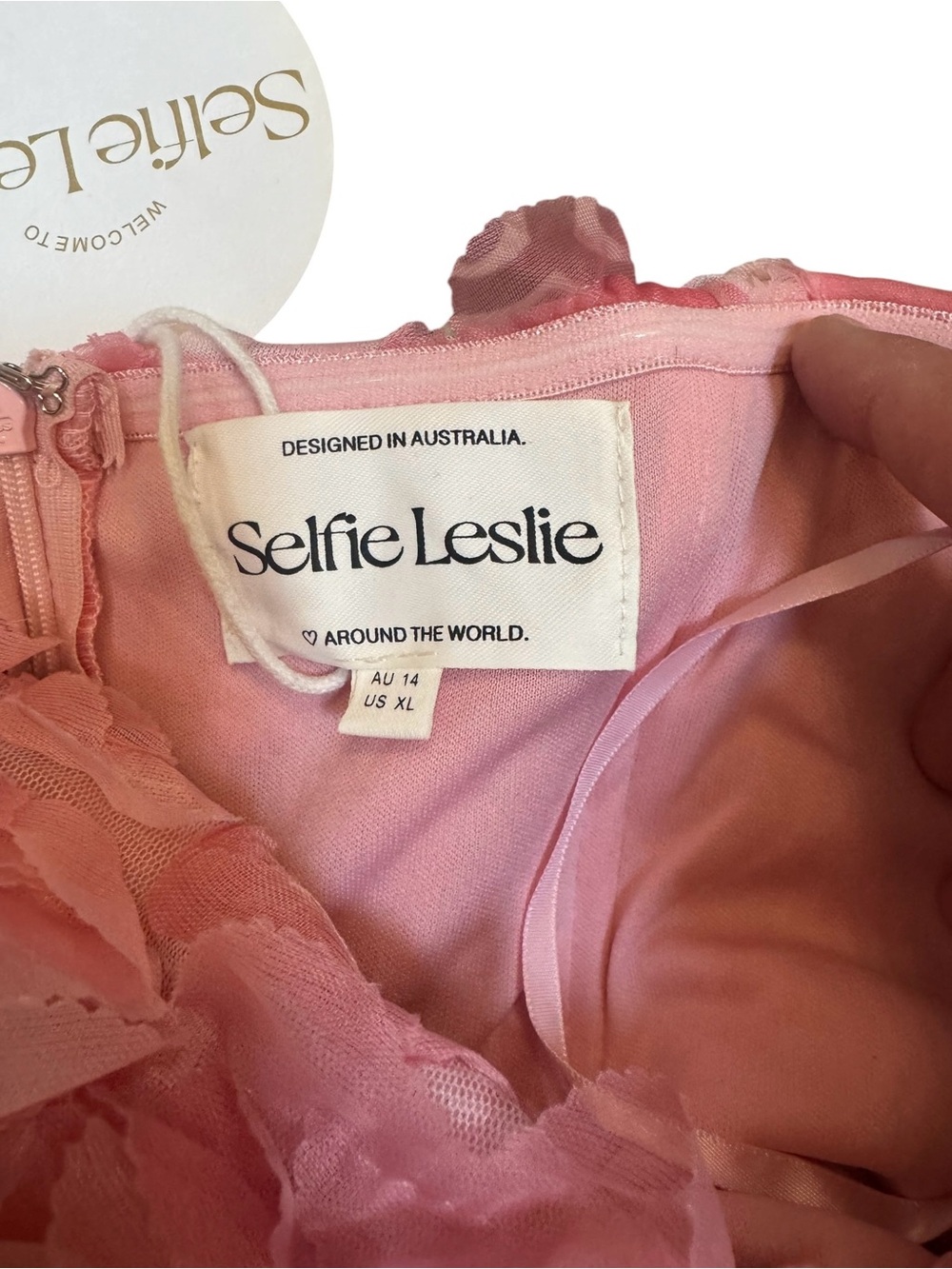 Selfie Leslie In Paris Pink 3D Rosette Strapless Mini Dress US XL AU 14 NWT - Picture 2 of 10